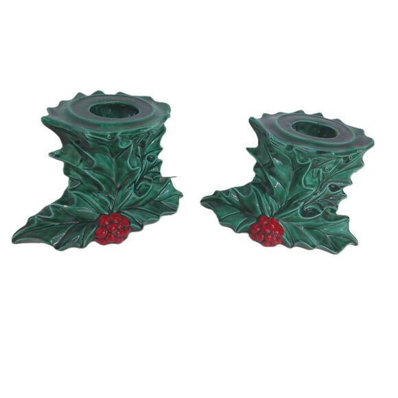 Vintage Ceramic Ivy Berry Christmas Candle Holders Set of 2 READ - Picture 2 of 8